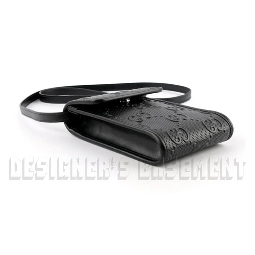 GUCCI black GG TENNIS smooth Perforated GUCCISSIMA Leather CrossBody PHONE bag🎁